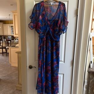 Leith Blue and Red Wrap Maxi Dress with Flutter Sleeves